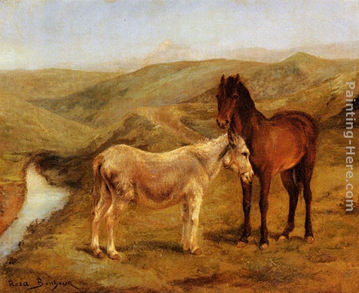 Rosa Bonheur A Horse And Donkey In A Hilly Landscape